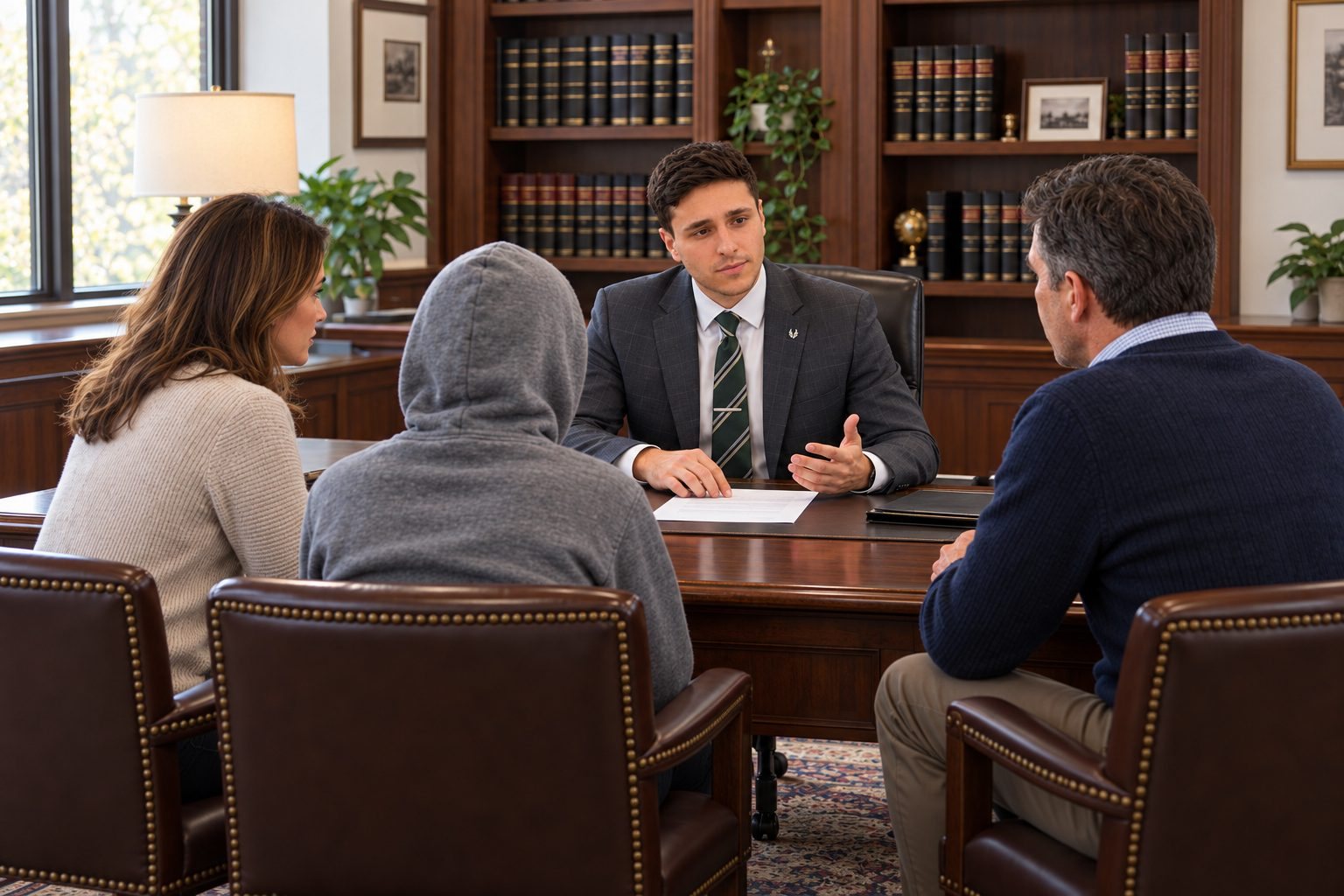 An attorney listens seriously to a mother and her teenage son across his desk