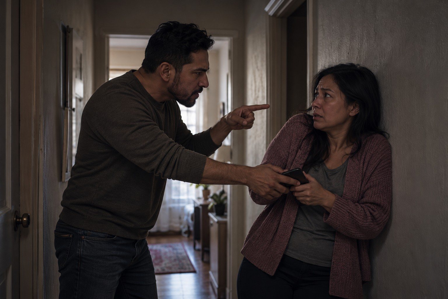 A man grabs a woman's phone out of her hand in a hallway while she presses back against the wall