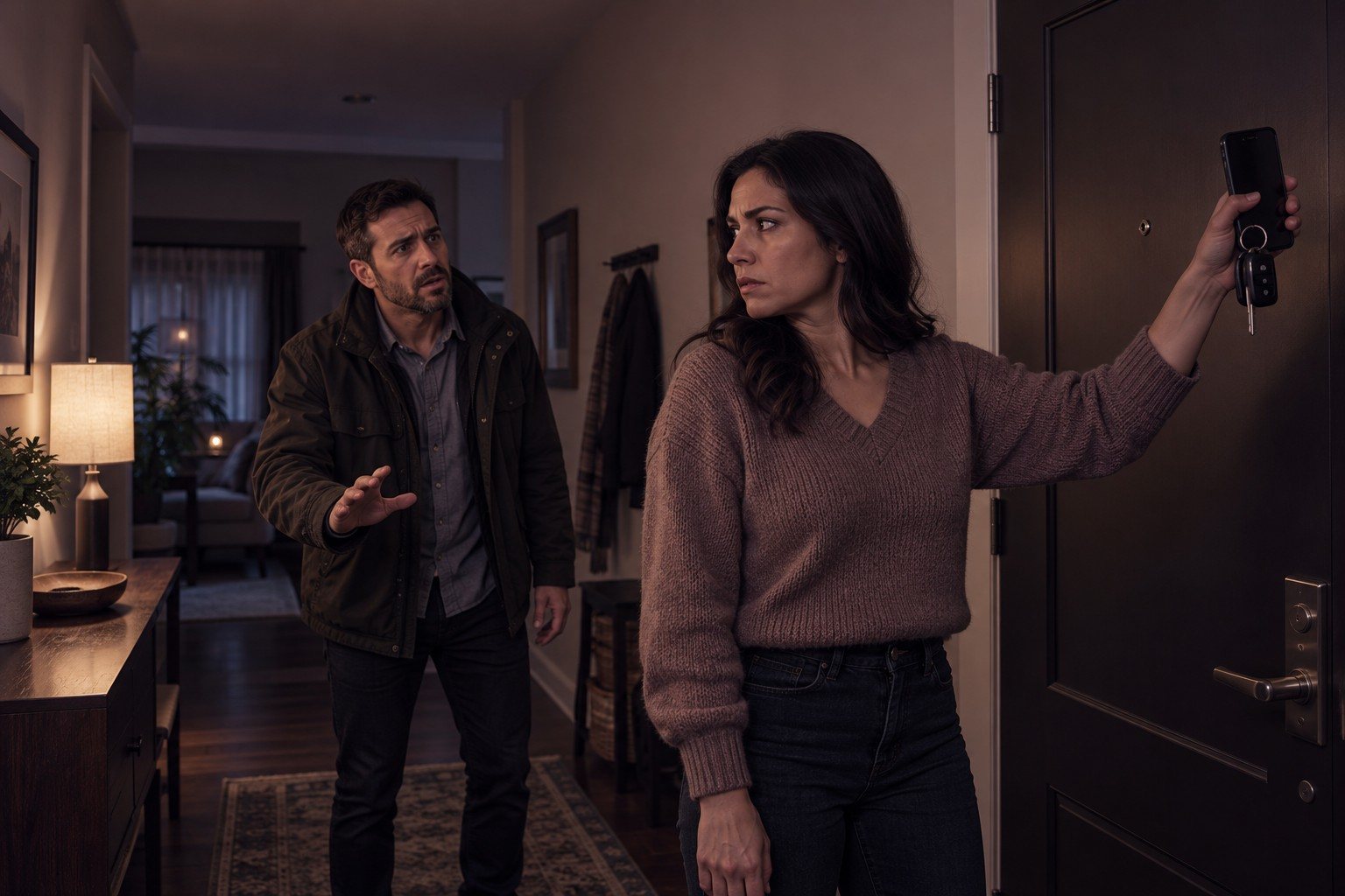 A woman blocks the front door, holding her husband's car keys and phone out of his reach